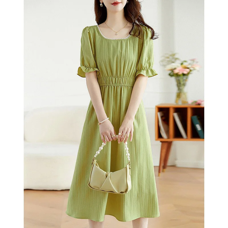 Fashion Square Collar Beading Butterfly Sleeve Party Dress Women's Clothing 2024 Summer New Loose Solid Color Elegant Dress