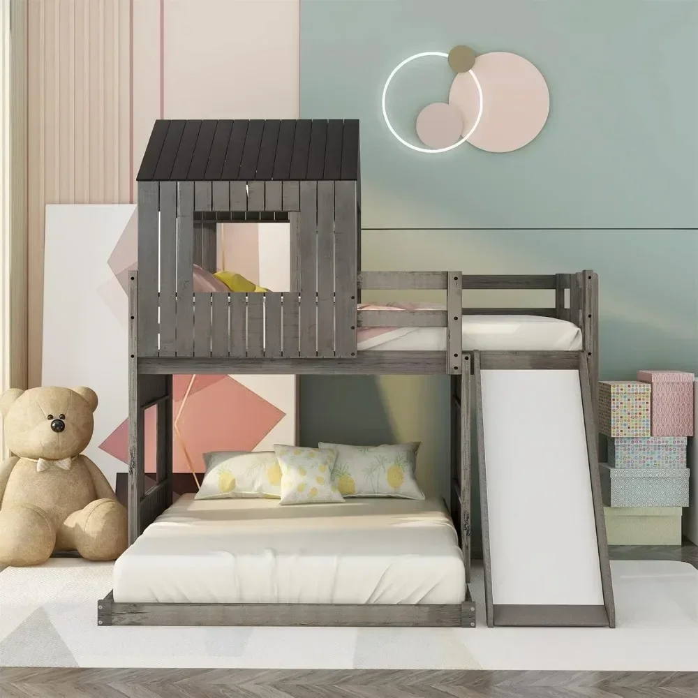 House Bunk Beds Twin Over Full Size, Wood Bunk Beds with Roof and Window Distressed Grey, Twin Over Full with Slide 3