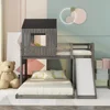 House Bunk Beds Twin Over Full Size, Wood Bunk Beds with Roof and Window Distressed Grey, Twin Over Full with Slide 3