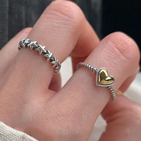 

PONYKISS 925 Silver Star Heart Adjustable Ring for Women Fine Jewelry Minimalist Accessories