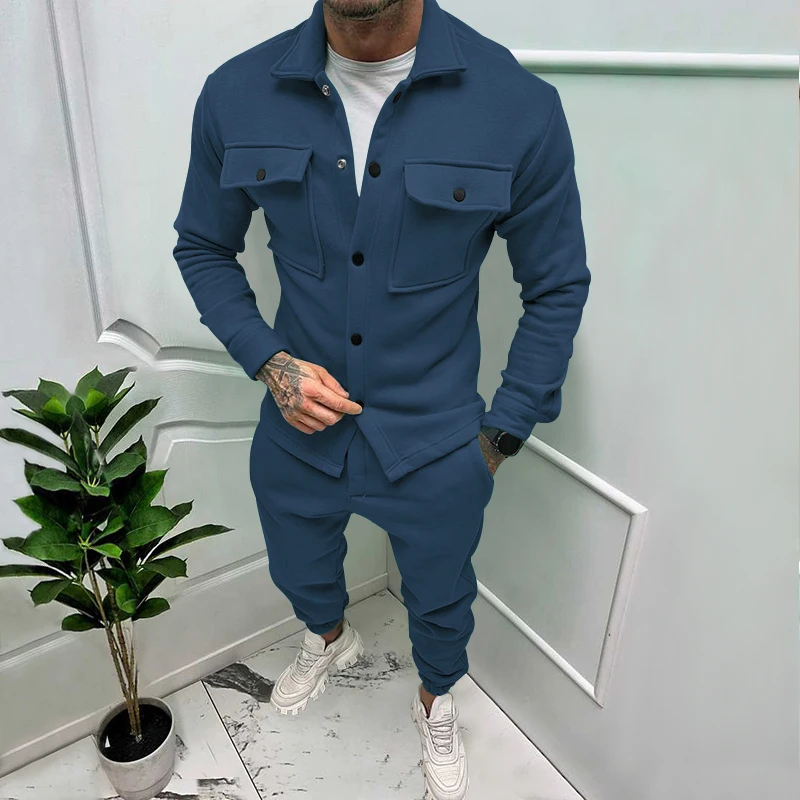 Men's Pocket Jacket and Pants Sets Autumn Tracksuit Cotton High Quality Solid Color Party Fashion  Male Trousers 2 Piece Suits