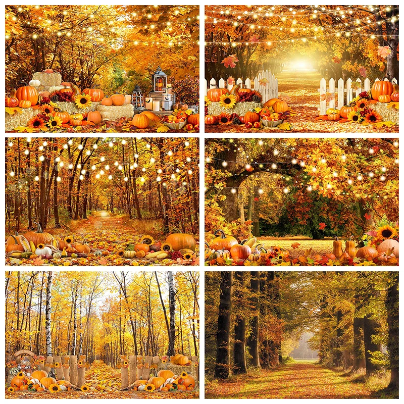 

Mocsicka Autumn Thanksgiving Photography Background Maple Barn Pumpkin Light Decoration Children Portrait Photo Backdrop Banner