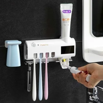 NEW Bathroom Shower Storage Solar Energy UV Light Toothbrush Sterilizer Holder Automatic Toothpaste Squeezers Dispenser for Home 2