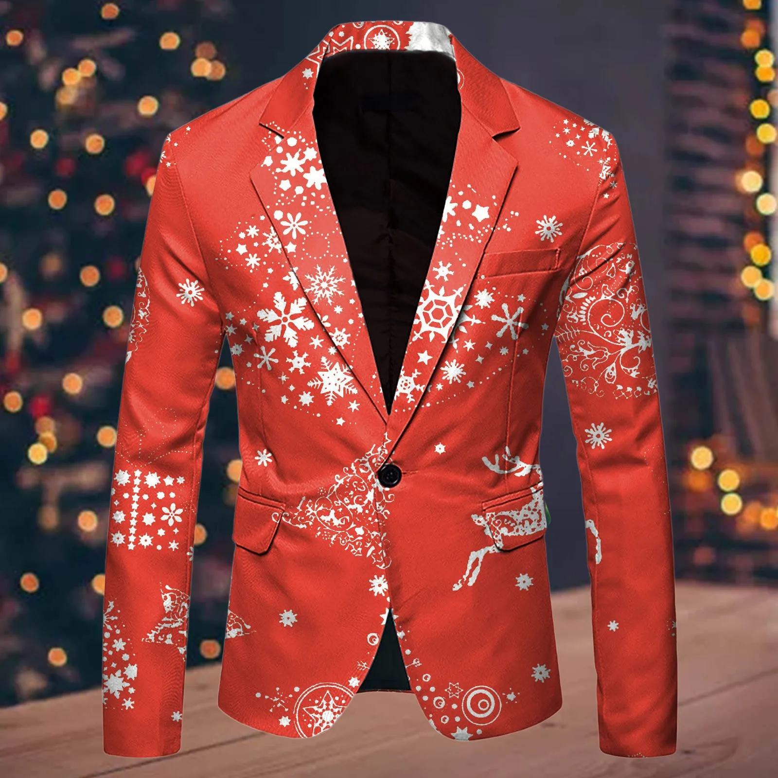 Men Christmas Blazer Snowflake Santa Printed Pocket Lapel Button