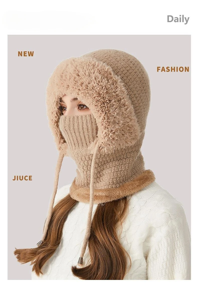 S6e36d28ba581475dadb4e0f6230eb5aeN Big Head Fit One-piece Hat Women Winter Padded Thickened Face Covering Knitted Hat Neck Mask Warm Large Size Soft Mallzona
