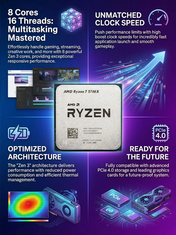 새로운 AMD Ryzen 7 5700X, AMD R7 5700X 8C/16T 65W 7NM L3=32M 100-000000926 소켓 AM4(쿨러 없음)