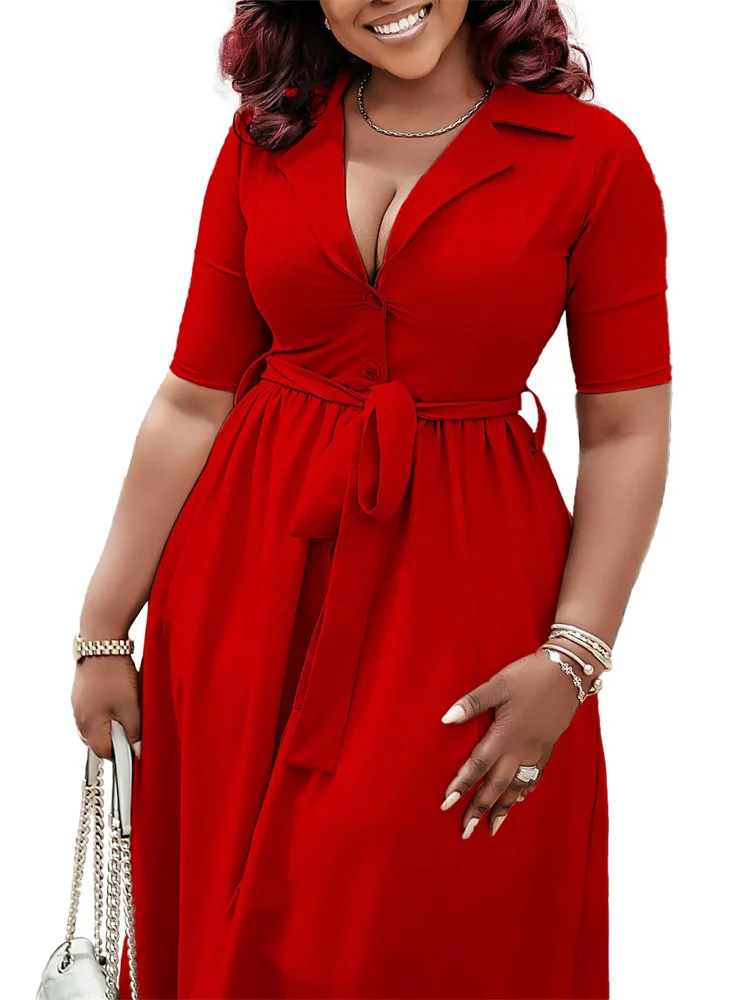 Wmstar Summer Dresses Women Fashionable Suit Collar Short Sleeved Solid Color Waistband Large Hem Dress Wholesale Dropshipping