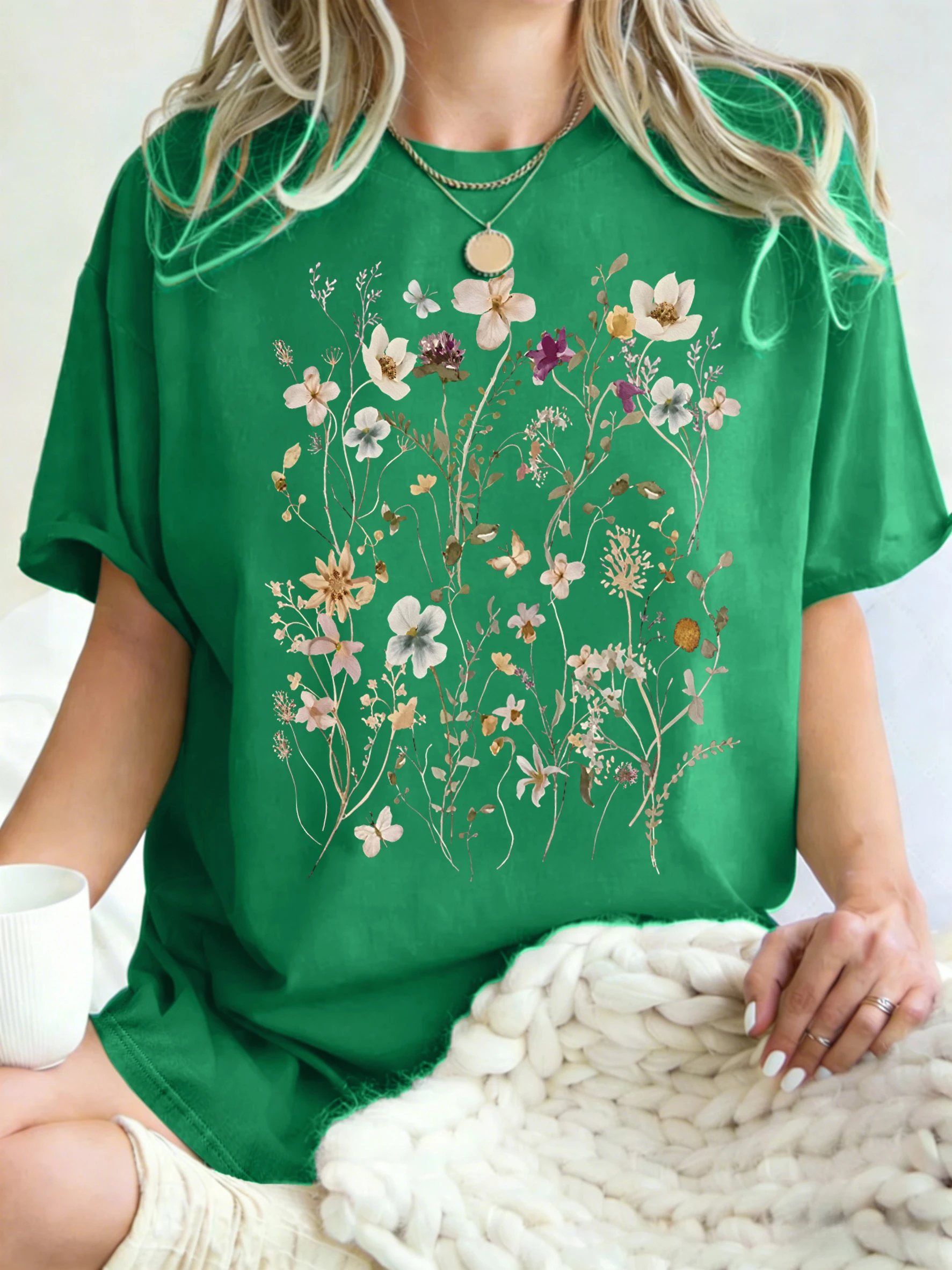 Beautiful Flower Clusters Printing Woman T-Shirt Summer Oversized Short Sleeve O-Neck Cotton T Shirts Y2K Women Sports Tops