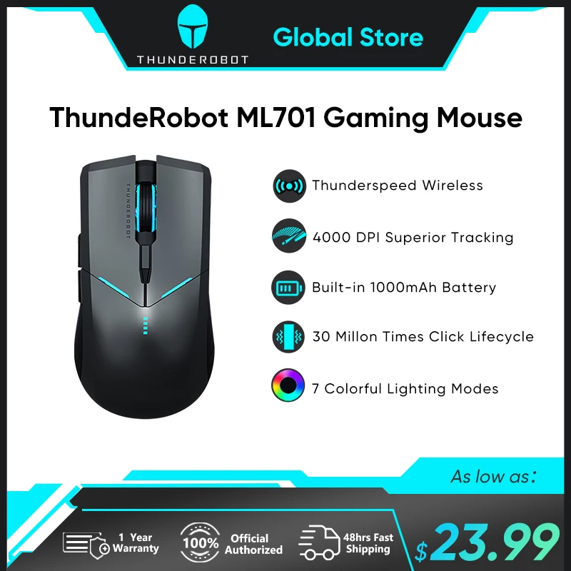 Mouse sem Fio para Jogos Recarregável com Fio 2.4g 4000 Dpi 1000mah Rgb Apto para Laptop pc Gaming Thunderobot-ml701