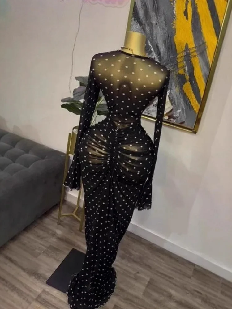 Wmstar Dresses for Women Wholesale Flared Long Sleeved  See Through Velvet Pleated Long Dress with Halter Top Dropshopping