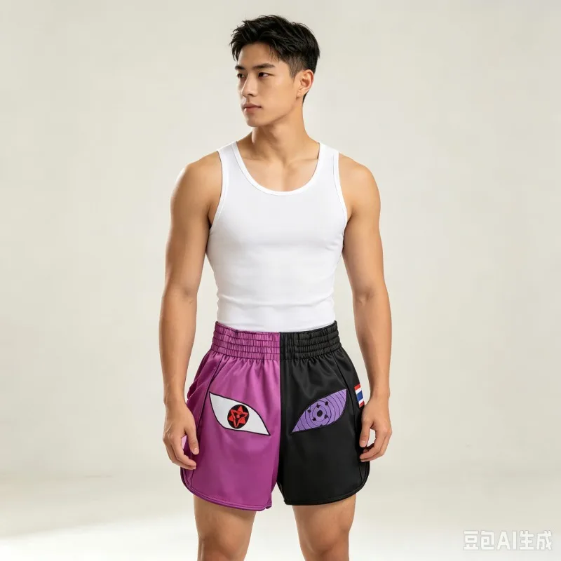 Neue Sharingan 3D Cartoon Muay Thai Shorts für Herren, Übergroße Schnelltrocknende MMA-Sportshorts, Achteckige Cage Fighting Night Shorts