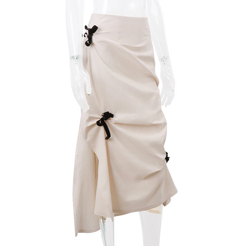 y2k Skirts Women Aesthetic Clothes Solid Color High Waist Split Midi Skirts with Bow Decor 2000s Skirts Streetwear