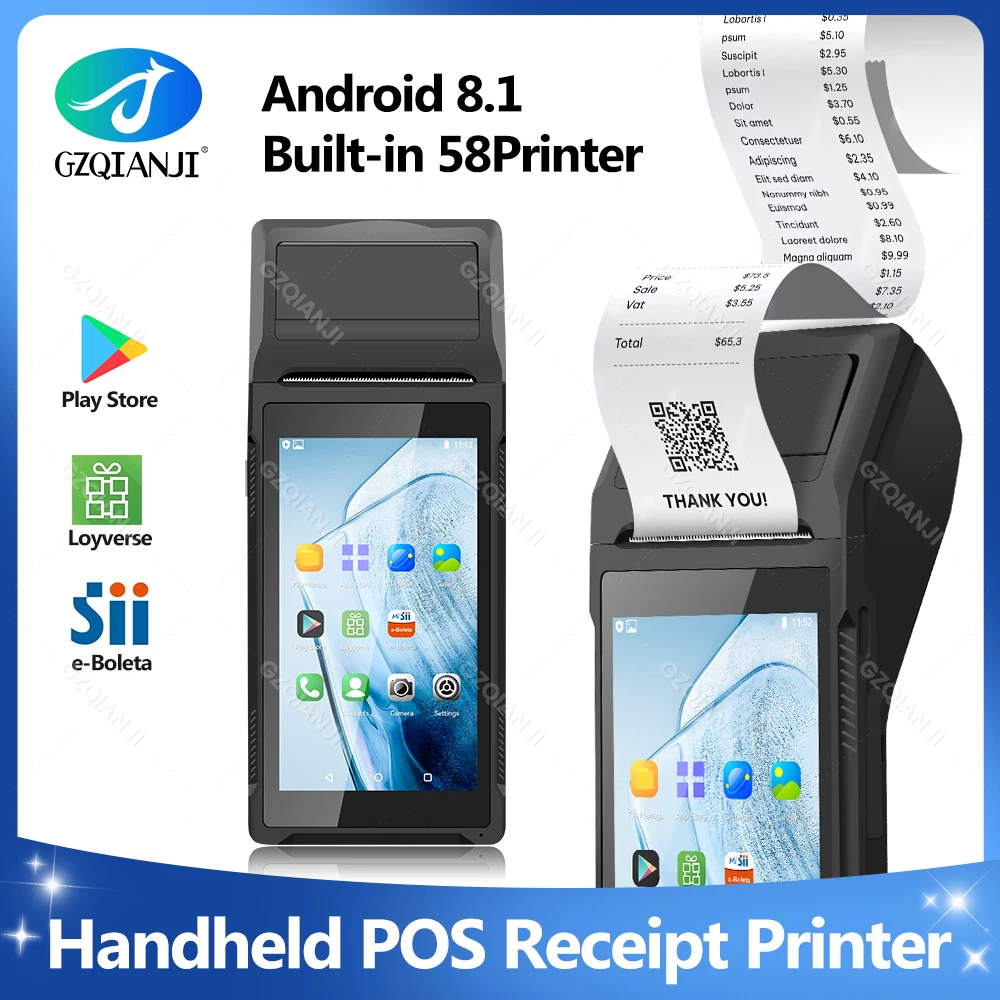 Black 5.45" Touch Screen PDA Device Supports 3G WiFi BT4.0 USB Bluetooth Handheld Loyverse POS Machine 58mm Terminal Printer