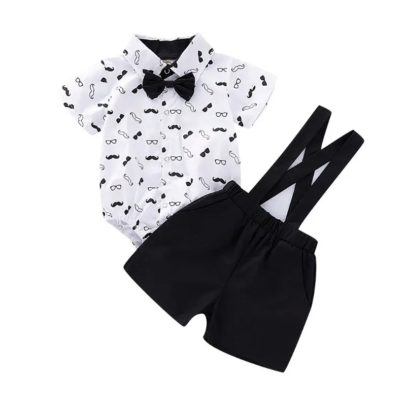 

2PCS Set Newborn Baby Infant Short Sleeve Romper Gentalmen Moustache Bow Tie Jum