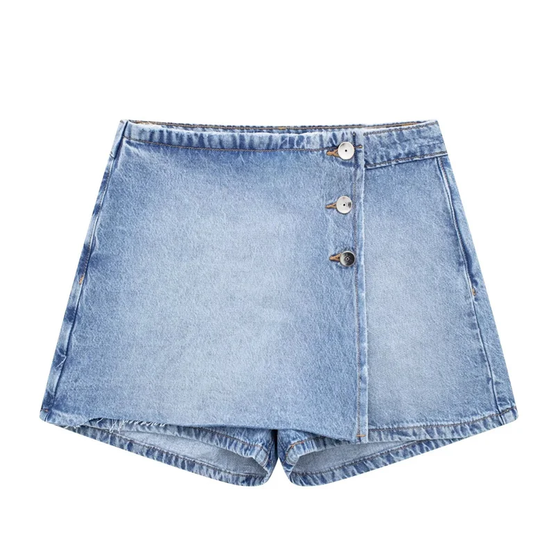 

Woman Casual Light Blue Denim Skirt Shorts 2023 Female Elegant Basic High Waisted Button Shorts Girls Soft Straight Shorts