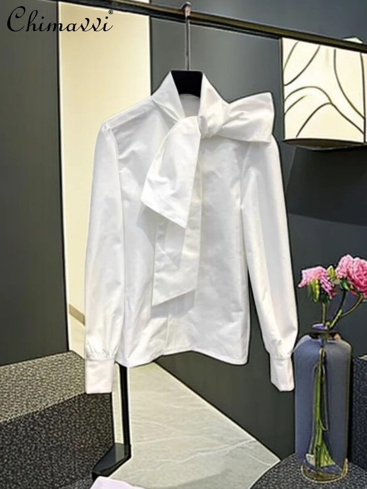 

French Style Fashion Elegant Bow Lantern Sleeve Solid Color Women Blouse Spring Autumn Retro Commuter All-Match Loose Shirts