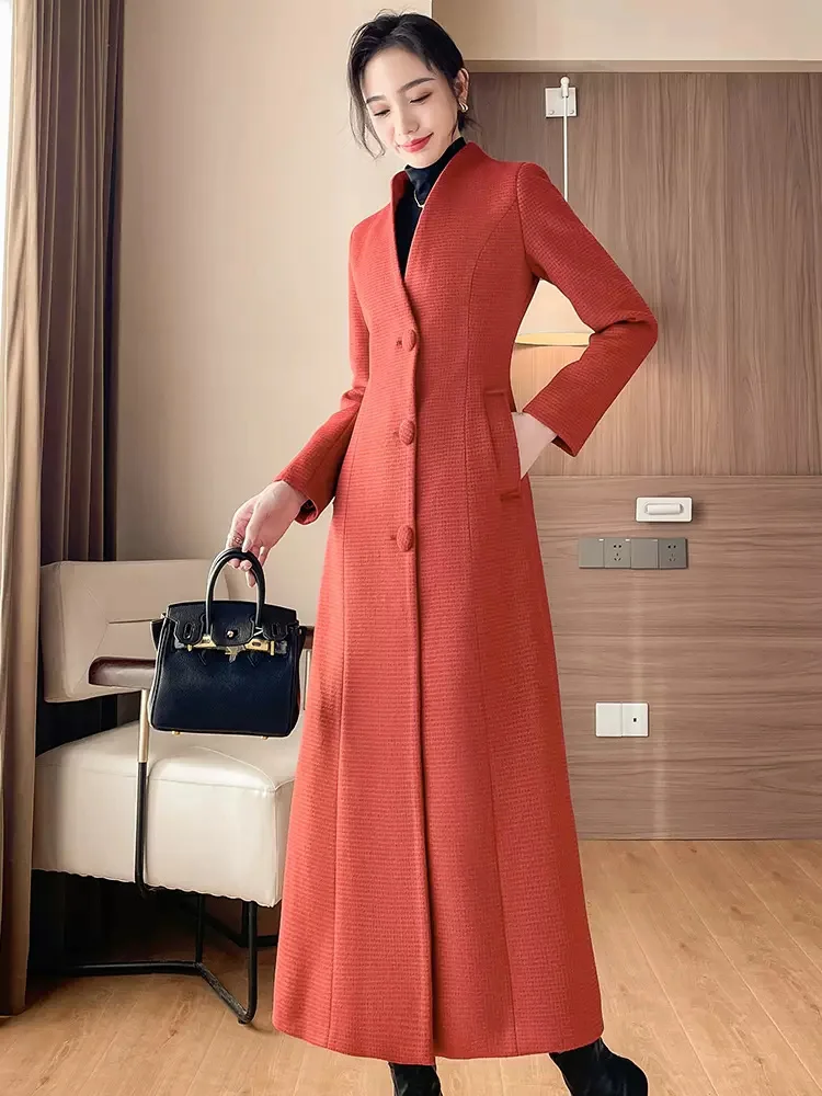 New Women Autumn Winter Red Woolen Coat Simplicity Fashion V-Neck Single Breasted Slim Wool Blended Overcoat Elegant Long Coat