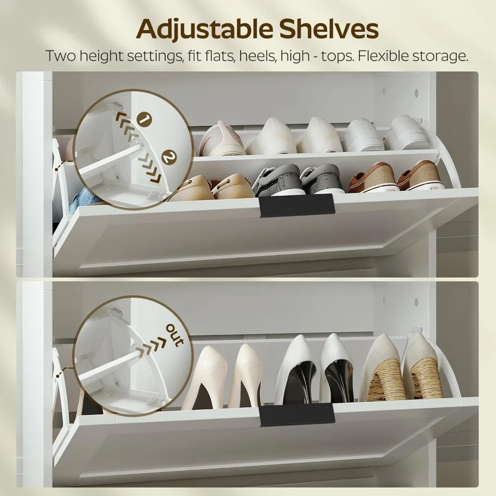 tall shoe cabinet with flip drawers and coat rack, floor standing modern shoe storage organizer, 2-in-1 hall tree with movable h