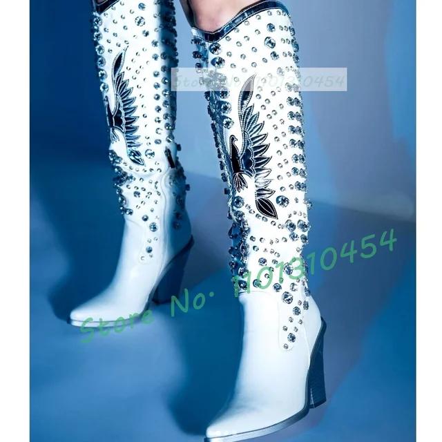 Gemembellished Western Boots Women Silver Decals Rivets Pointy Knee