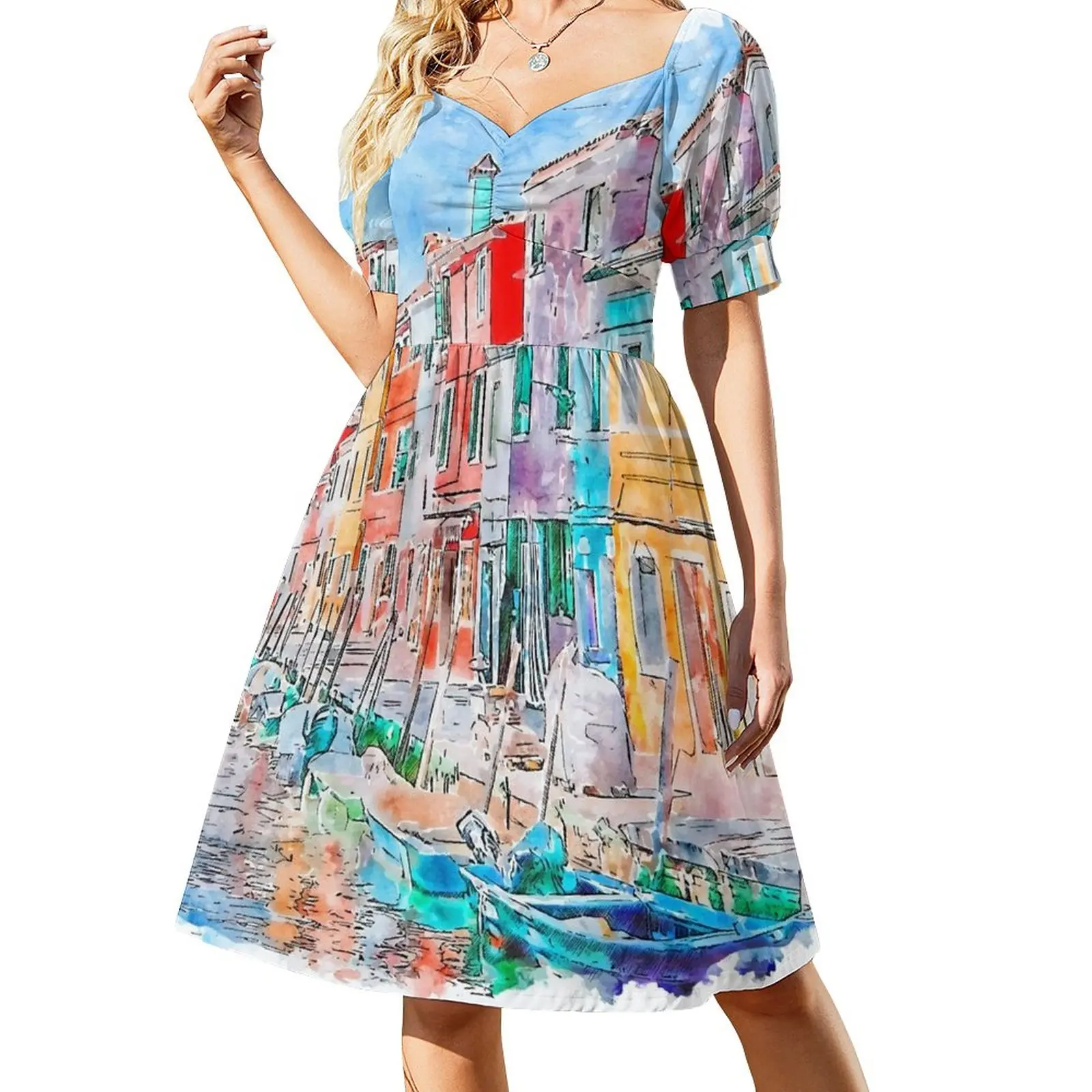 Vestido colorido de acuarela de la isla de Burano, Italia. Traje de verano para mujer, vestidos elegantes para mujer, vestidos de noche para mujer.