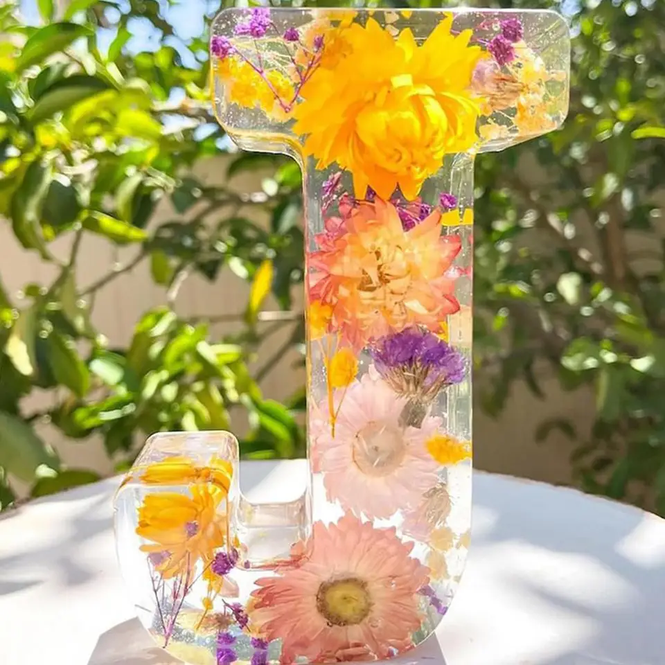 Lampada in resina con lettere di fiori, luce notturna con lettere di fiori,Simpatica lampada con