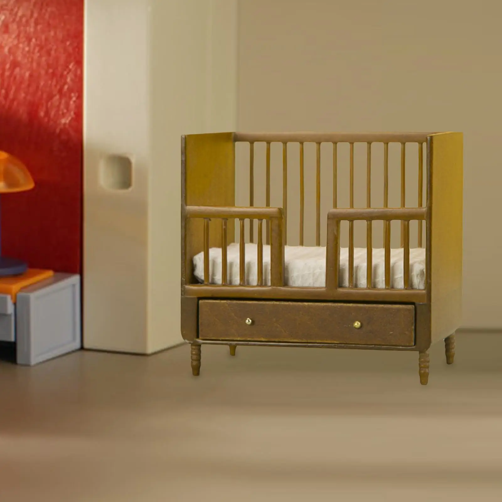 

1: 12 Miniature Dollhouse Crib Bed Miniature Baby Doll Bed for Bedroom Ornaments