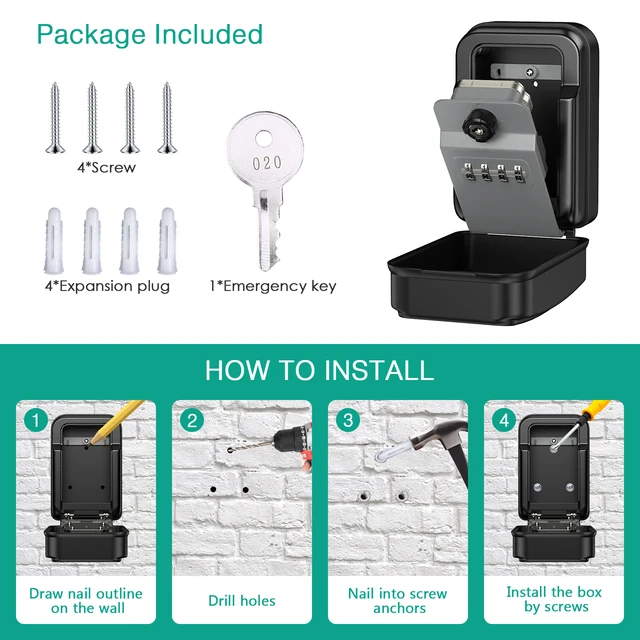 ORIA Key Lock Box Wall Mounted 4-Digit Combination Lockbox Waterproof Security Key Lock Box with 1 Key for Home Outdoor 4