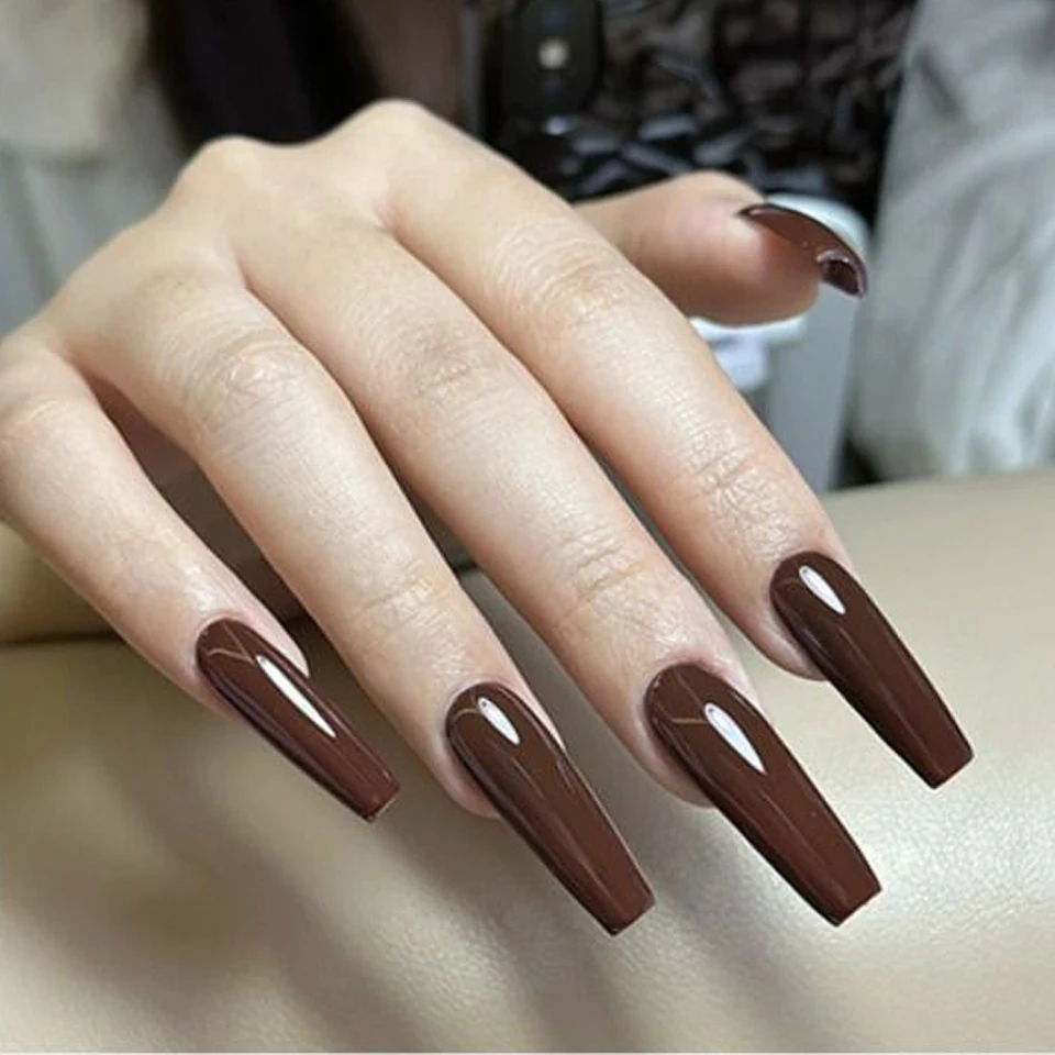 女性用ロングバレエネイル,無地,マニキュア用,取り外し可能,フルカバー