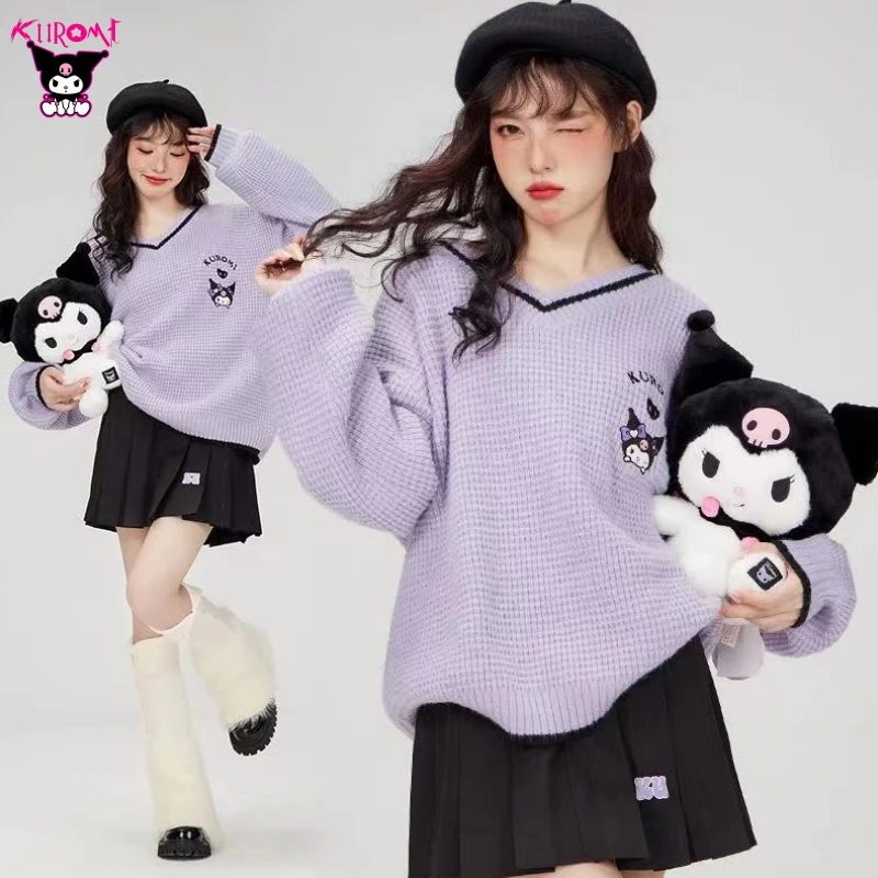 

Kuromi Knitting Embroidery Sweater Loose Kawaii Cartoon Autumn Winter Coat Jacket Cardigan Versatile Soft Student Birthday Gifts