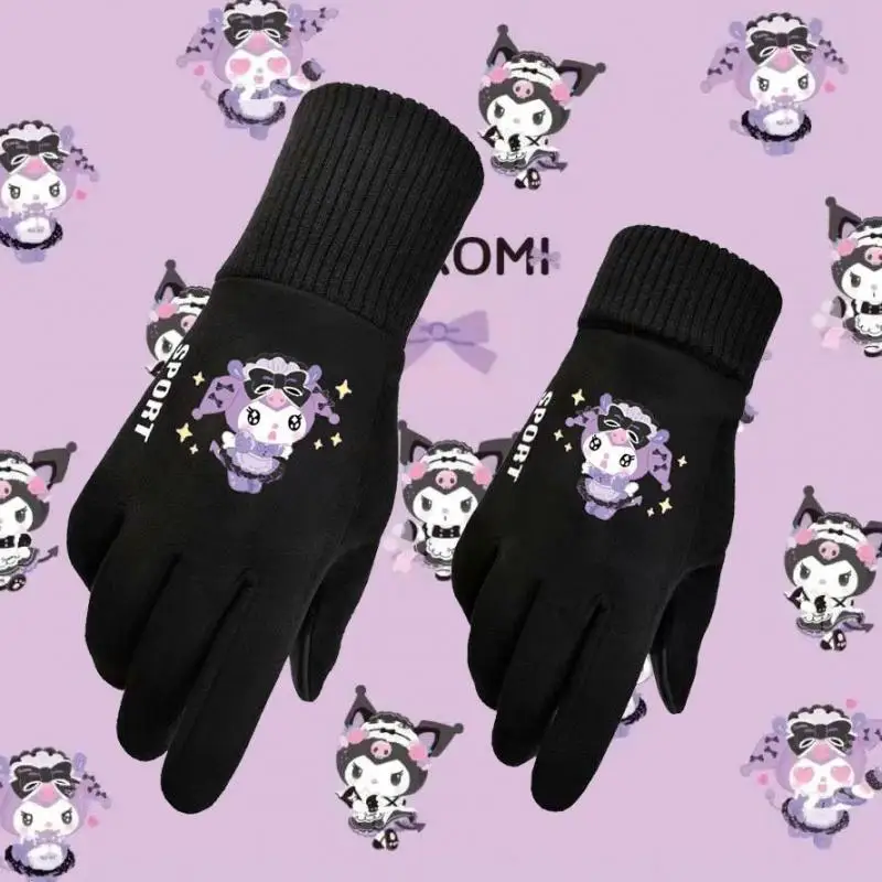 

Sanrioed Cartoon Kuromi Gloves Kawaii Winter Cold Protection Plus Velvet Couple Cycling Outdoor Touch Screen Gloves Holiday Gift