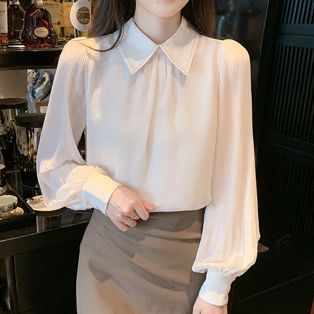 Cheap Korean Ruffled Chiffon Shirt Women Casual Vintage Long Sleeve White  Blouse Woman Elegant Flare Sleeve Fashion Tops 29719