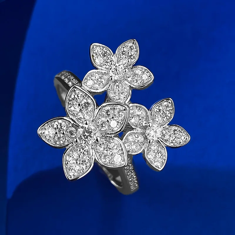 2023 New s925 Silver Flower Brocade Cluster Three Flower Ring for Women, European and American French Fashion Versatile