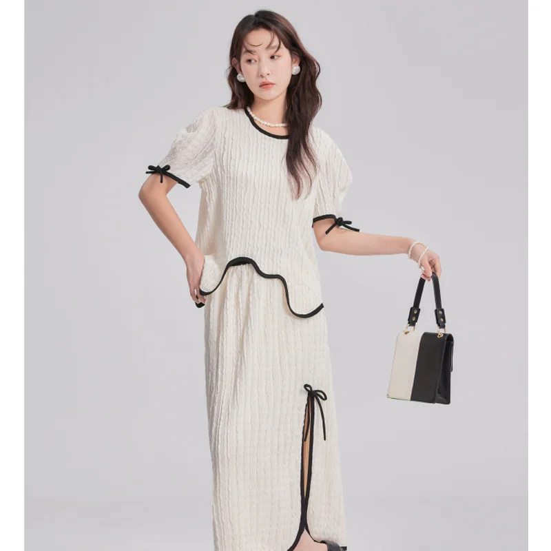 Korea Women'S Suit Long Skirt New Summer Fashion Solid Color Short Sleeve Skirt 2 Two Piece Set 2024