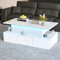 Table basse pliable, avec LED, 4 tiroirs et rangement dissimulé, finition brillante, pour le salon, usage quotidien, MDF – blanc 1