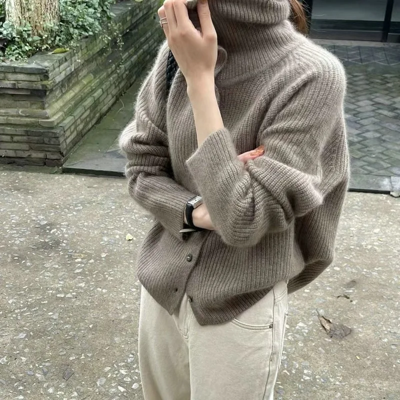 터틀넥 카디건 숙녀 100% 순수 모직 스웨터 가을, 겨울 느슨한 두꺼운 캐시미어베이스 스웨터 니트 코트 조수