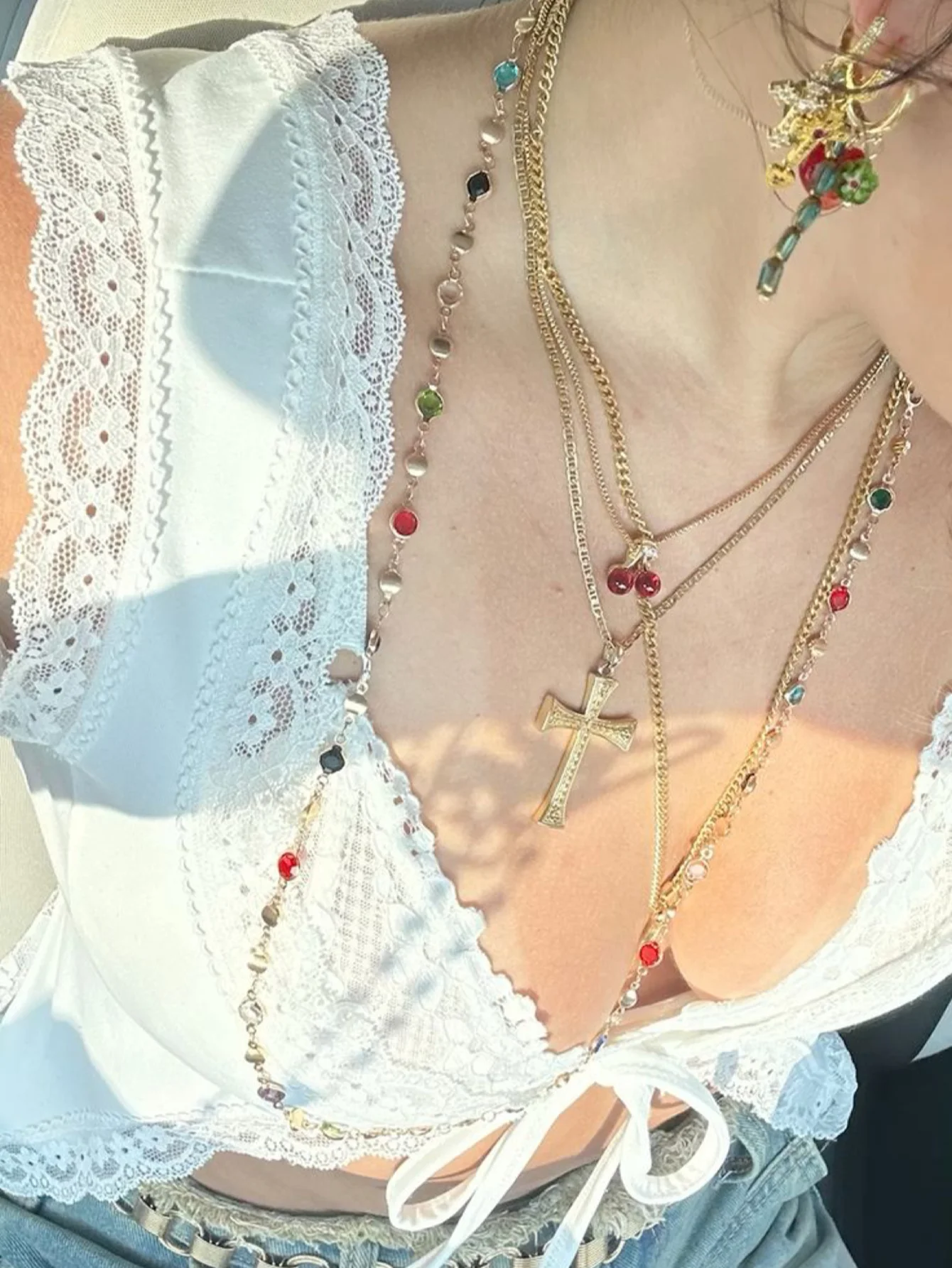 3pcs Minimalist Charm Cross Pendant Glass Chain Stacked Womens Necklace
