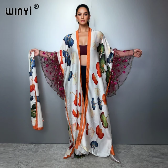 WINYI 2026 Kimono pour femme à manches longues imprimé, cardigan à ourlet bouffant, robe bohème, caftan, tenue de plage de luxe, abaya, style Dubaï, cache-maillot 1