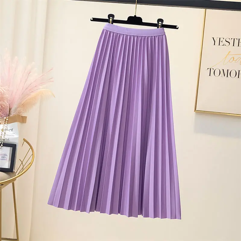 Women Clothing Spring Autumn Korean Fashion Elegant Chic Pleated A-line Skirt Female Elastic High Waist Solid Midi Skirts Faldas