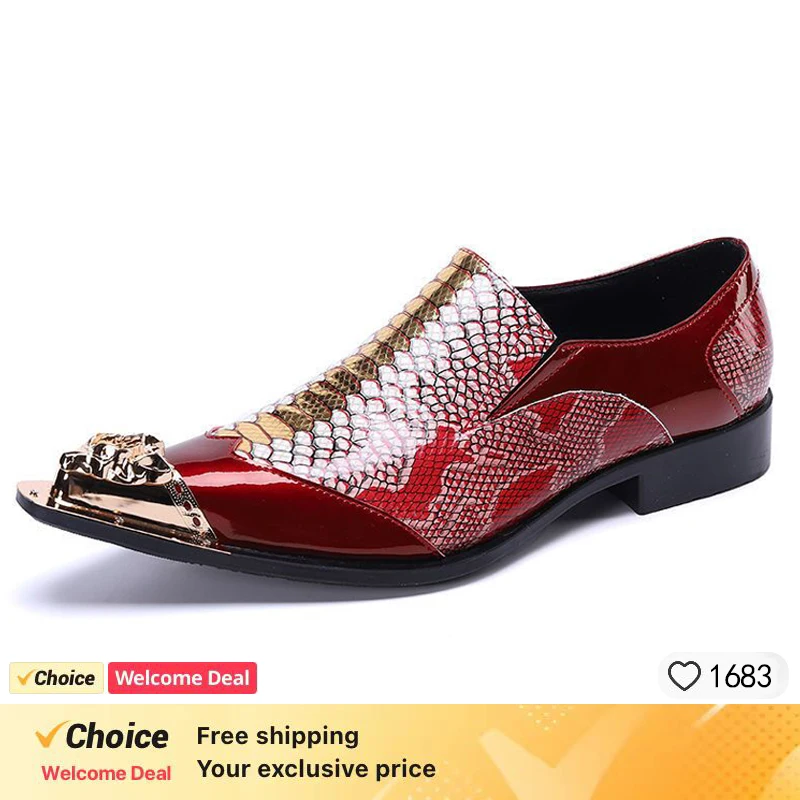 Metal Tip Genuine Leather Men Dress Shoes Snakeskin Evening Party Wedding Shoes Hairdress Sexy Gold Handmade Pointed ToeOxford