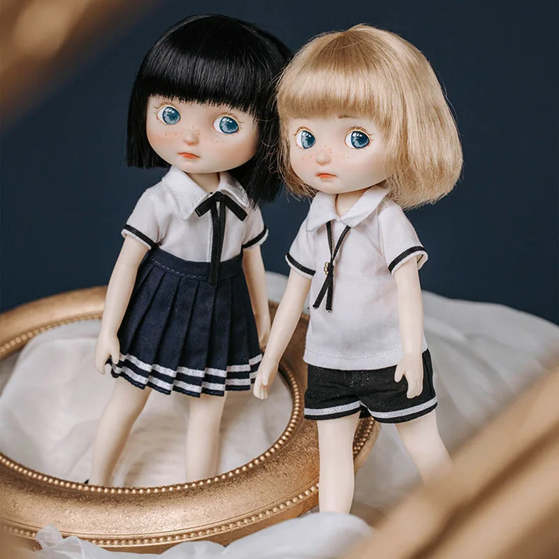 

20cm Height Doll Set 1/9 Bjd Doll with Uniform Skirt Black/ Gold Short Hair Doll Children Dress Up Toys
