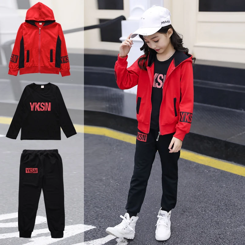 Conjunto de ropa deportiva para niñas, chándal algodón con capucha, camisetas y pantalones, 6, 8, 9, 10, y 13 años, 3 de ropa| - AliExpress