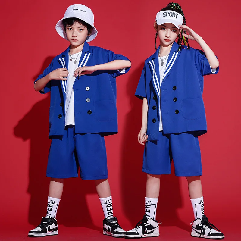 

Summer New Style Kids Hip Hop Clothing Blue Double Breasted Suit +Shorts 2pcs Set Boys and Girls Fashion Jazz Costume 4-16Y