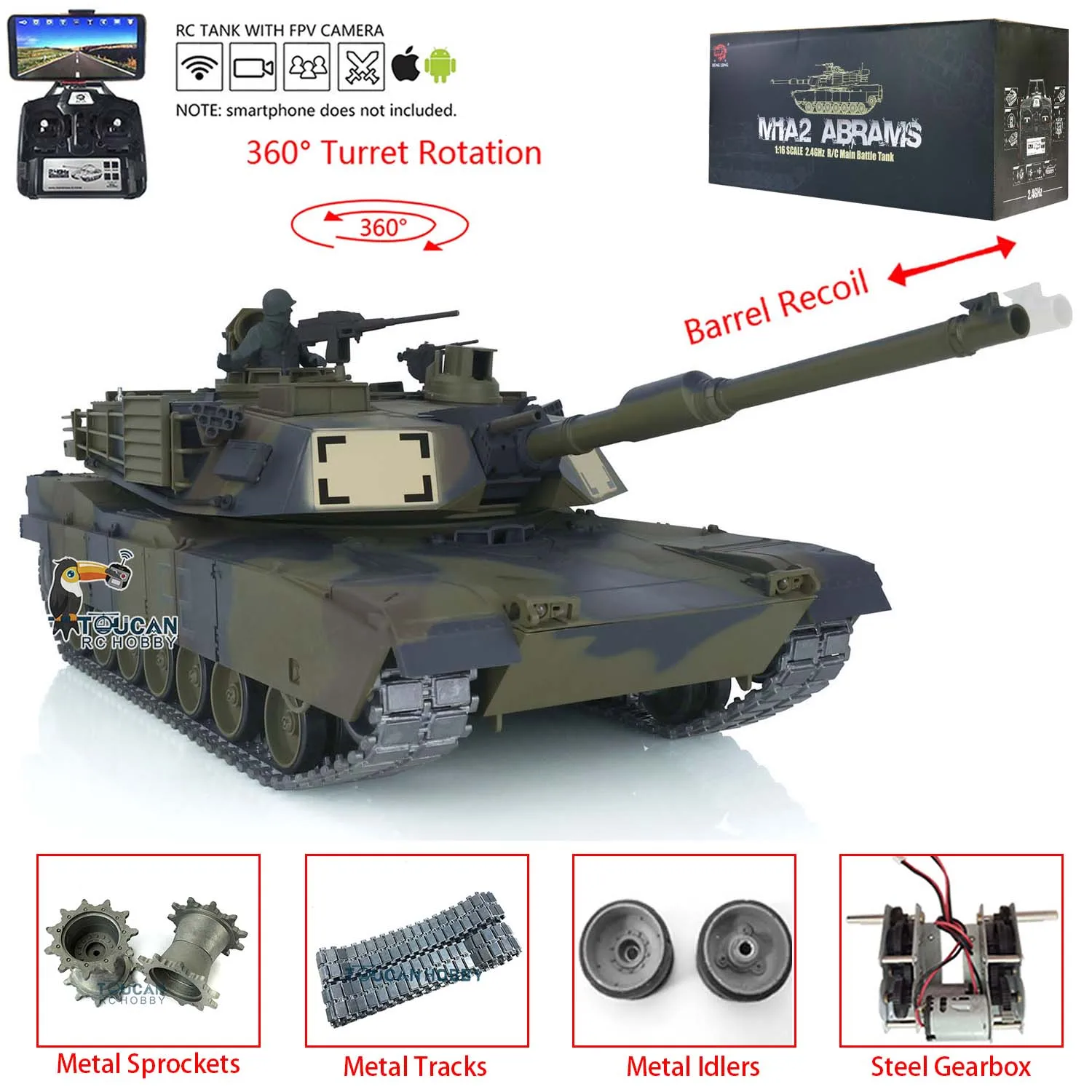 Heng Long 1/16 7.0 RTR ׷̵ FPV M1A2 Abrams RC  ũ 3918, 360  跲  ĭ,  TH17820-SMT8