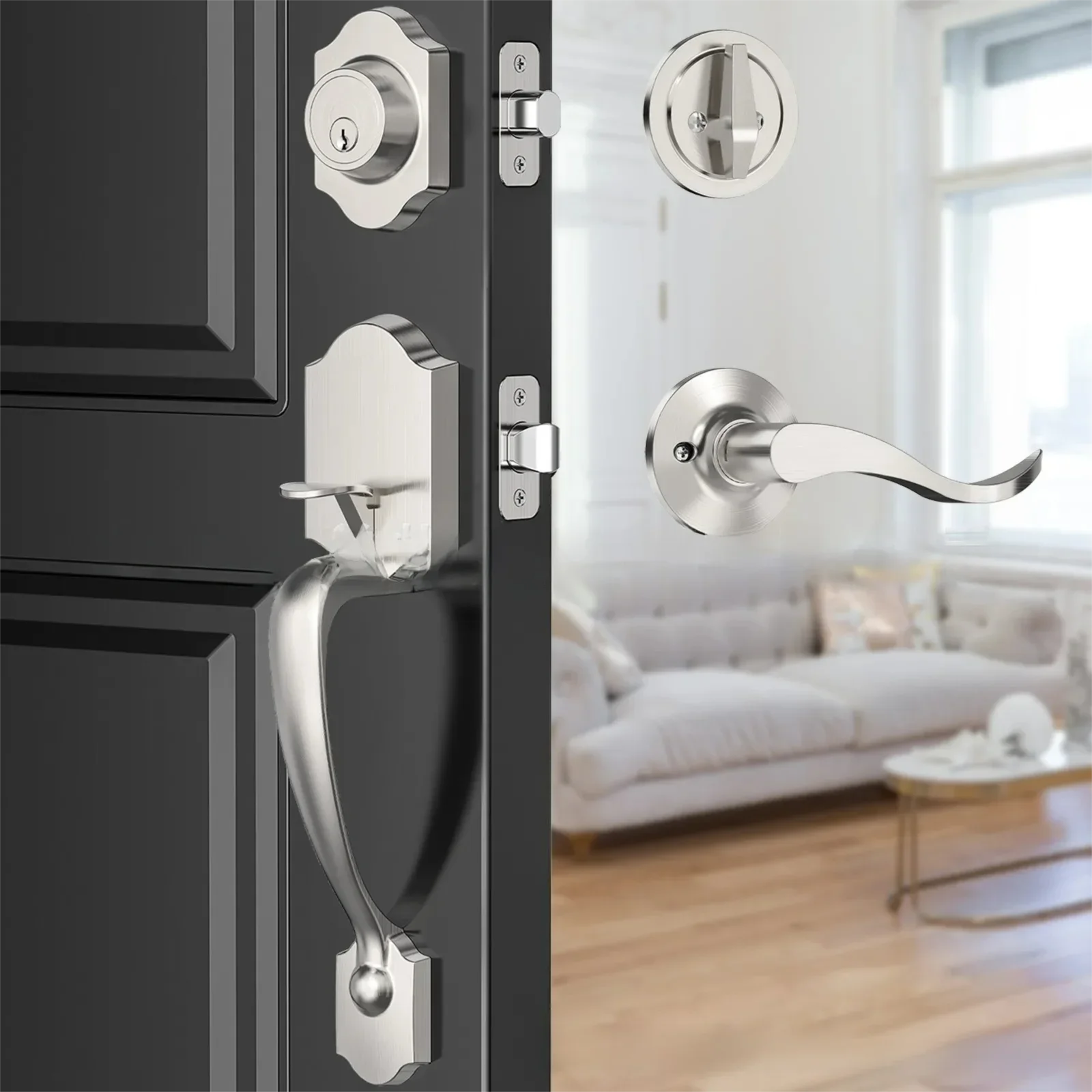 Maniglia per serratura porta anteriore Set di cerotti Maniglia per ingresso esterna con pomello per porta interna Maniglia reversibile in nichel satinato nero opaco