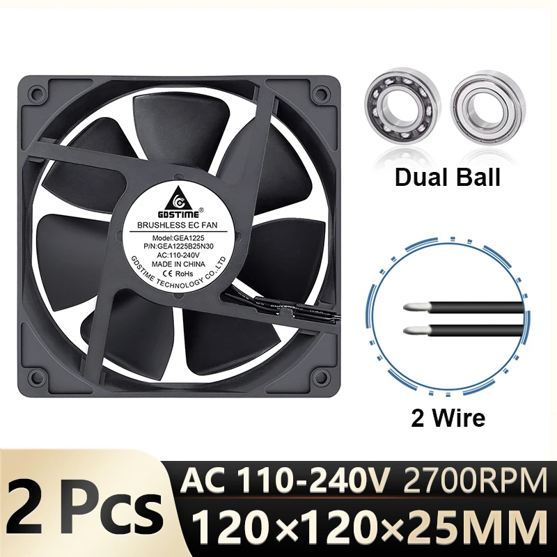 2 Pz Gdslime 120X120X25Mm Radiatore Ac 110V 115V 120V 220V 240V 12Cm Ec Brushless Fan 12025 Cooler Per Pc Computer Case Cooling