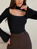 Haut décontracté à manches longues pour femmes, couleur unie, col suspendu, col carré, coupe cintrée, fente élégante, nouvelle collection automne/hiver 4