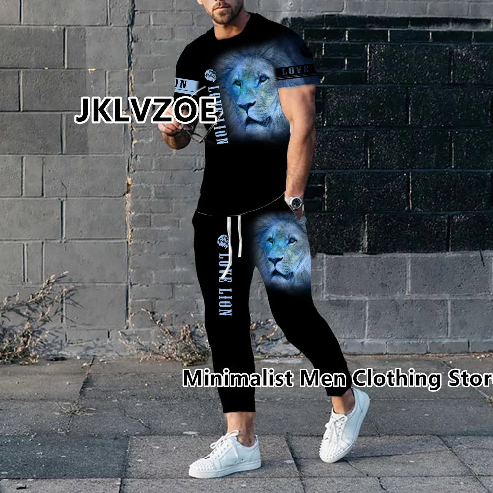 Men's Trousers Tracksuit 2 Piece Set Animal 3D Print Sportswear Summer Streetwear Short Sleeve T Shirt+Long Pants Male Clothing