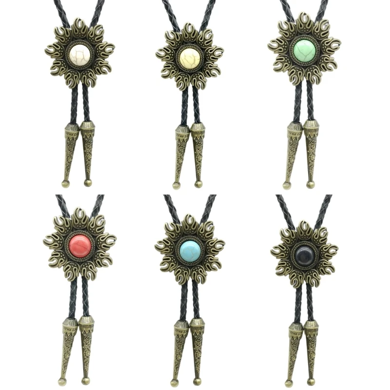 Sun Shape Stone Western Cowboy Pendant Bolo Tie Mens Leather Rope Necktie Necklace Shirt Collar Chain Jewelry Neckwear Dropship