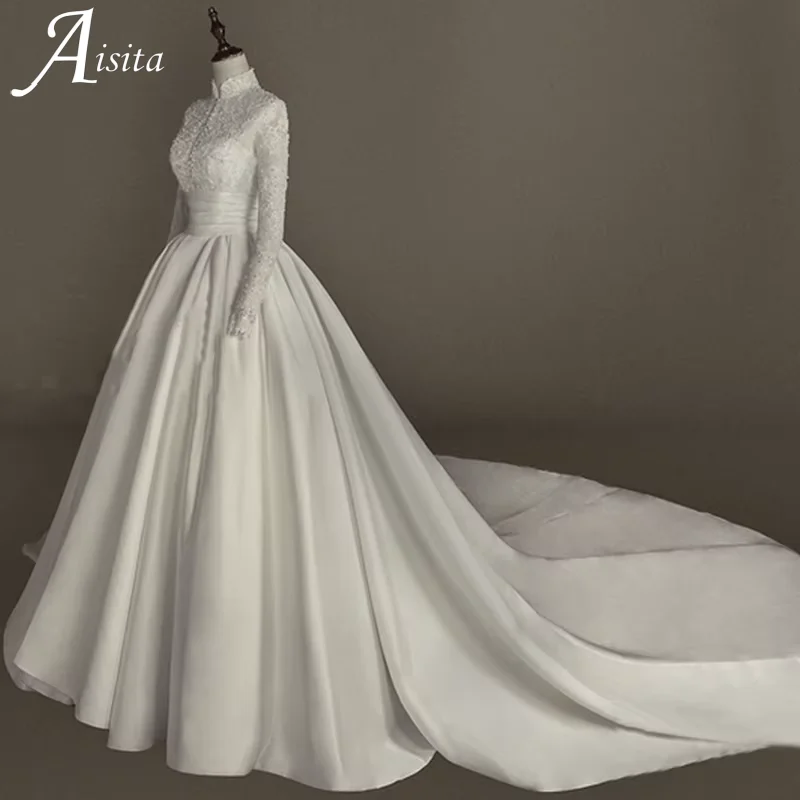 A-Line Satin High Neck Long Sleeves 2025 A Line Bridal Gown Appliques Bride Dress Vintage Princess Bridal Gown Customized