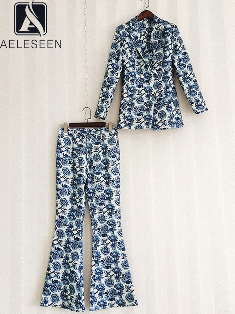 

AELESEEN Designer Fashion Suit Women Autumn Winter Blue Flower Print Blazer + Flare Pants Elegant Office Ladies 2 Piece Set